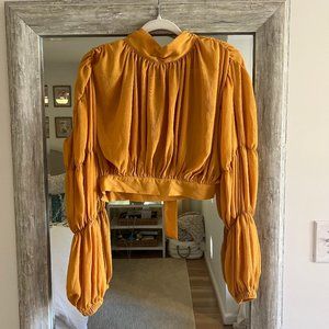 Mustard Yellow Bubble Sleeve Cropped Blouse